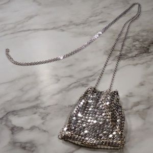 Mesh drawstring purse pouch silver tone necklace
